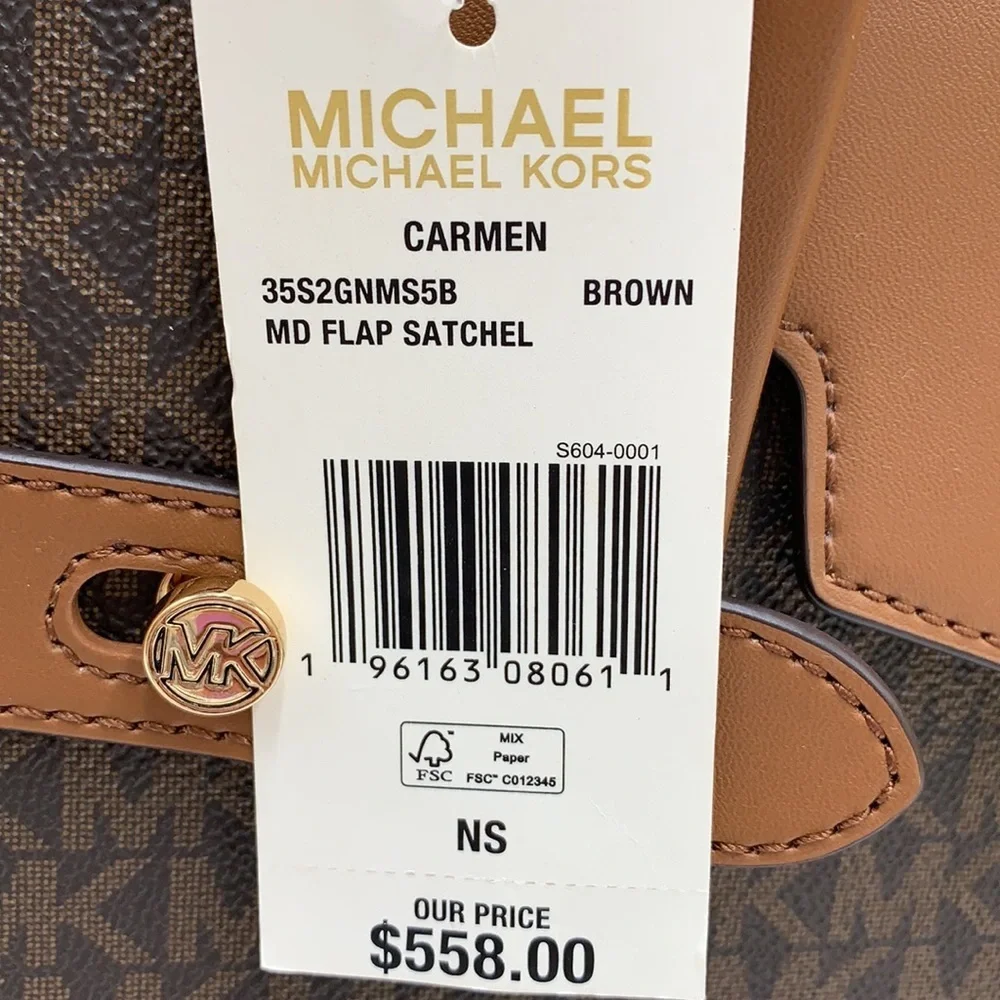 MICHAEL KORS CARMEN MEDIUM FLAP SATCHEL BROWN SIGNATURE COLOR